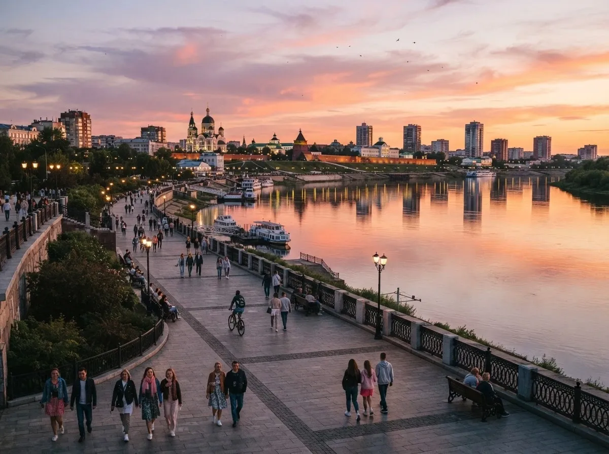 Irtysh river embankment at sunset